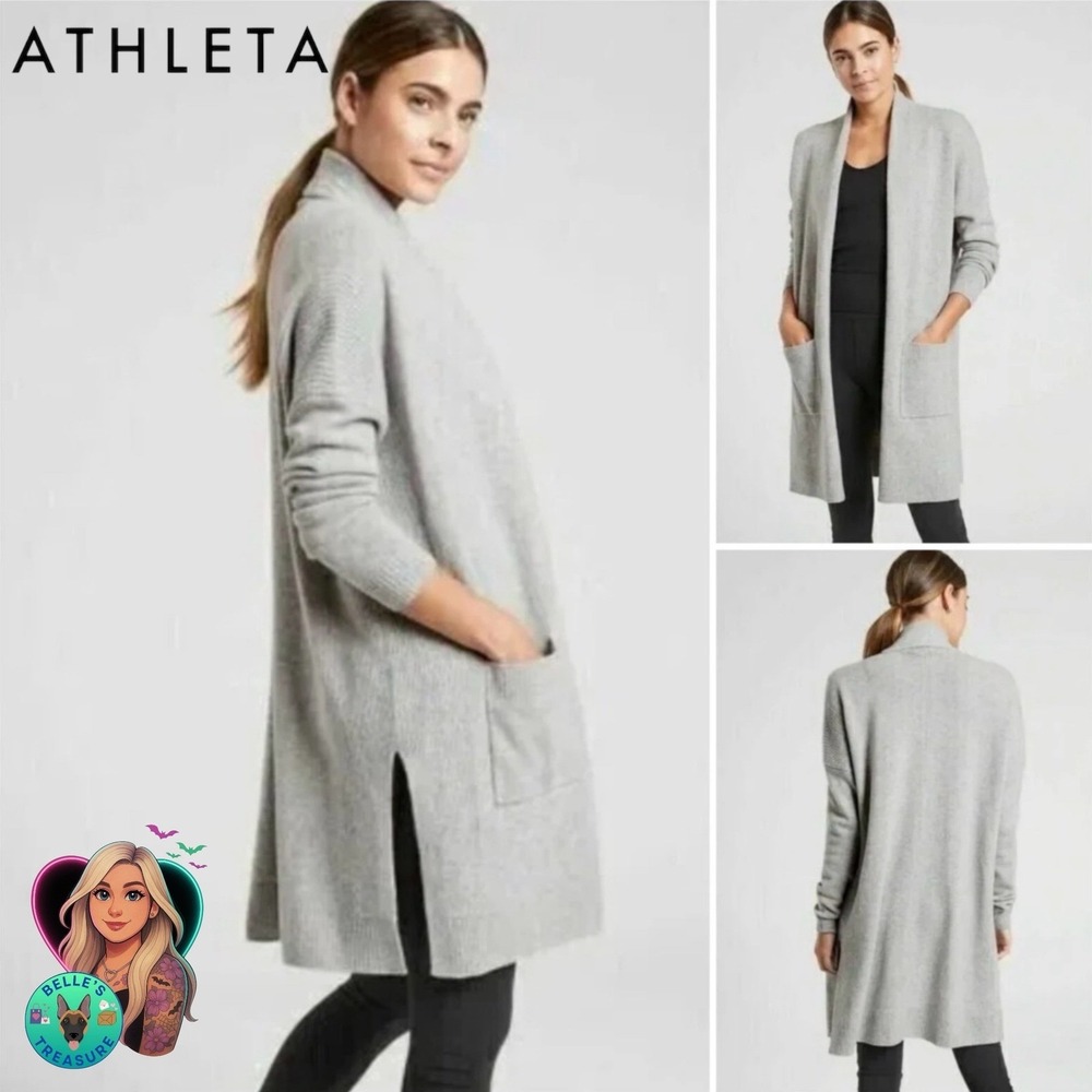 Athleta Spirit Wool Cashmere Wrap Cardigan Sweater Grey Medium Open Front Pocket